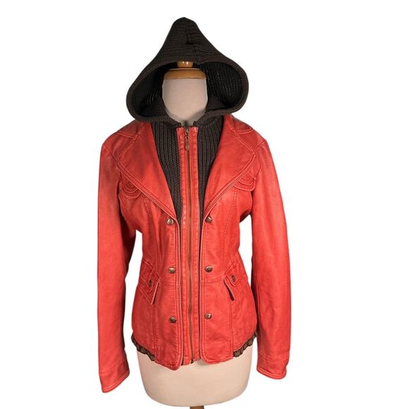 Montanaco Burn Orange/Red Leather Hooded Jacket Size Large Soft Moto Jacket Warm - Picture 1 of 13